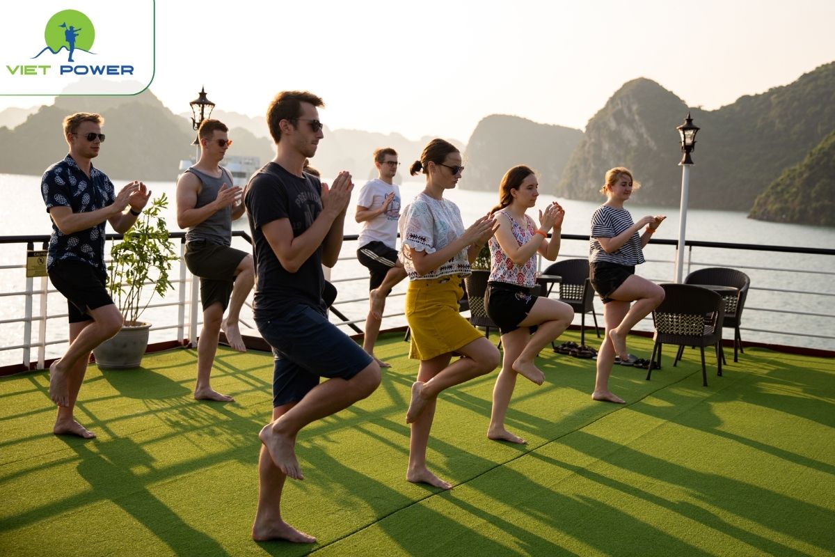Tai Chi class on the sundeck during sunrise